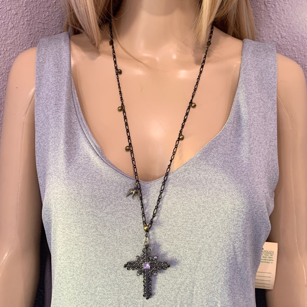 Vintage Betsey Johnson Rocker Chic Y2K Cross and Dove Necklace